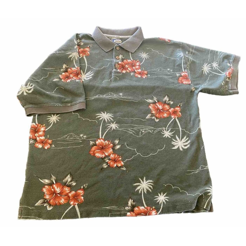 Tommy Bahama Polo Shirt Mens XL Cotton Floral Hawaiian Print Green Orange